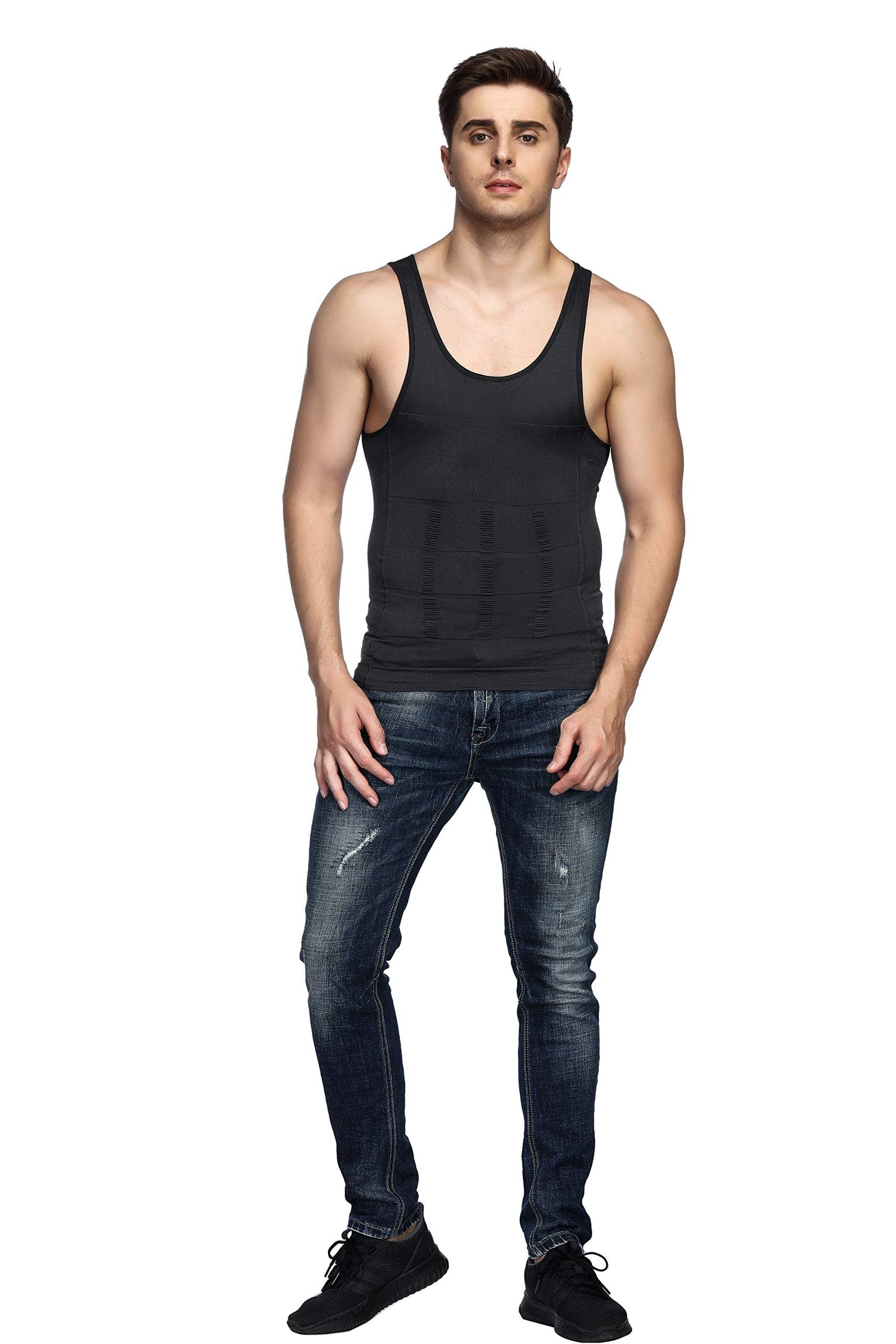 Odoland 3 Packs Men's Body Shaper Base Layer Shirt, Tummy Waist Shirt, Compression Base Layer Muscle Shape wear for Men, Grey/Black/White, M