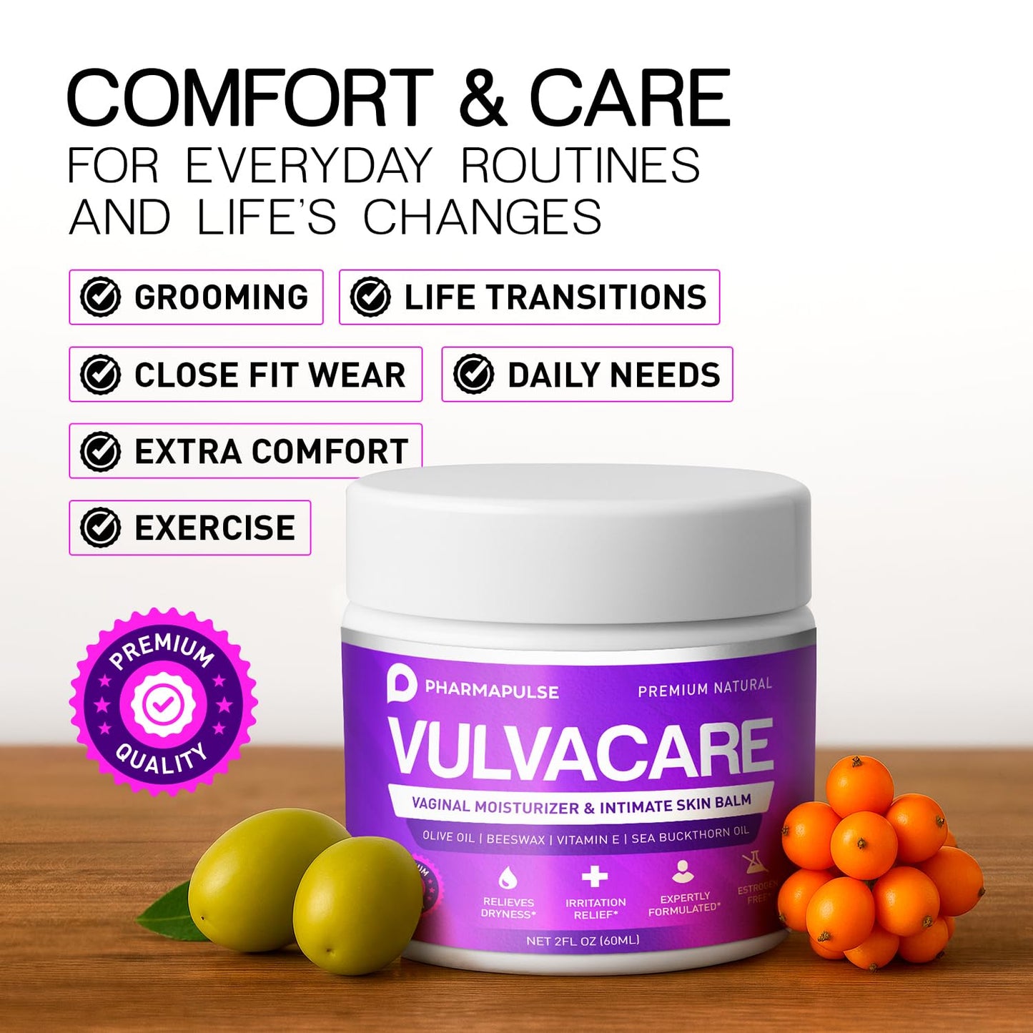 Pharmapulse Vaginal Moisturizer, Vulva Balm Cream, Intimate Skin Care, Menopause Support - Relieves Dryness, Itching, Burning, Redness, Chafing, Odor, Irritation - Estrogen Free 2oz
