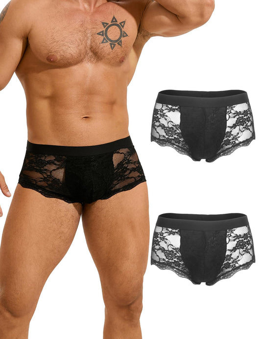Men's Sexy Low-Rise Boxer Briefs - 2-Pack Black Lace Mesh Underwear with Bulge Pouch, Comfort Stretch Waistband Fits S