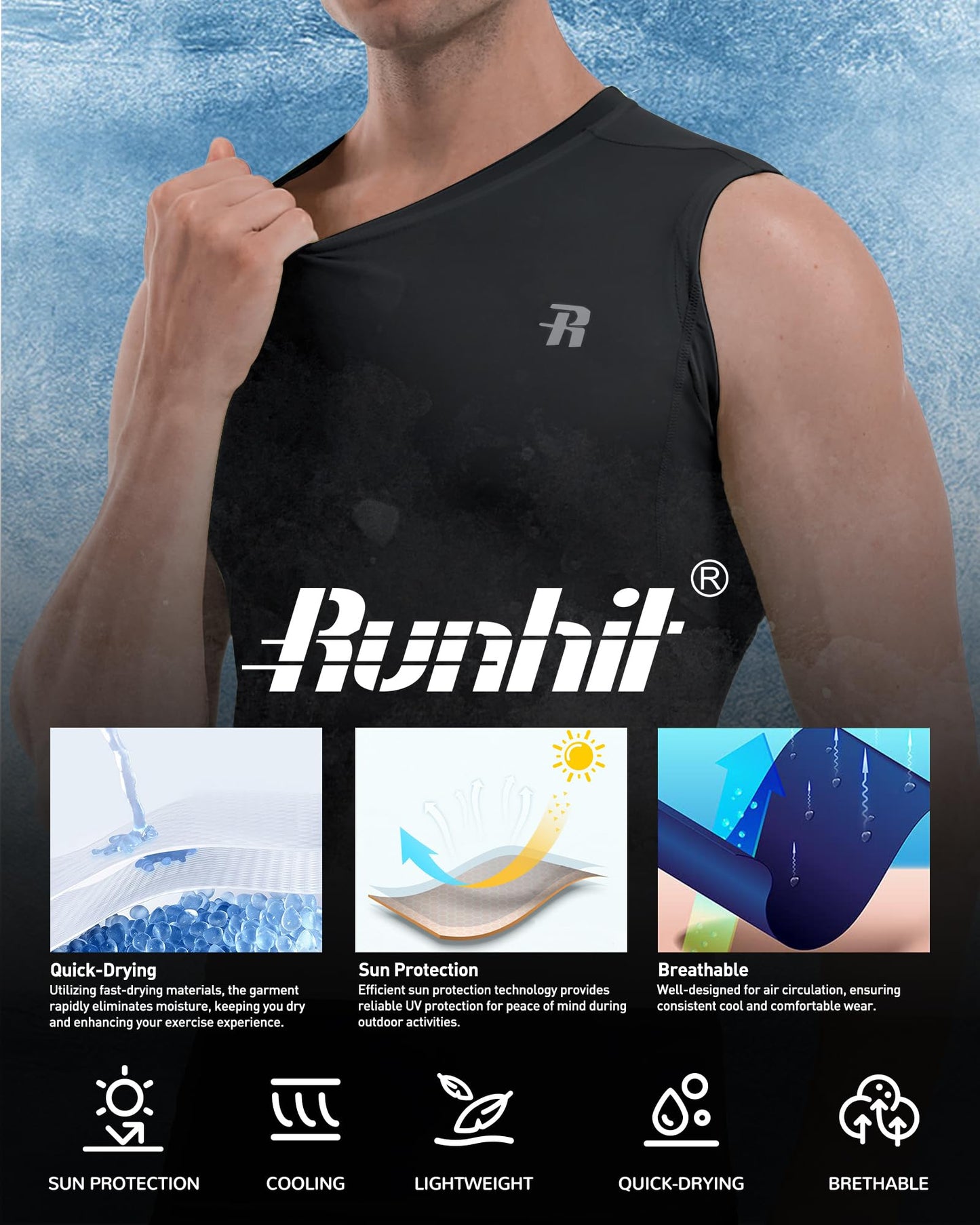 Runhit Sleeveless Compression Shirt Men Tank Tops Gym Workout Mens Sleeveless Tee Shirts for Running Black M