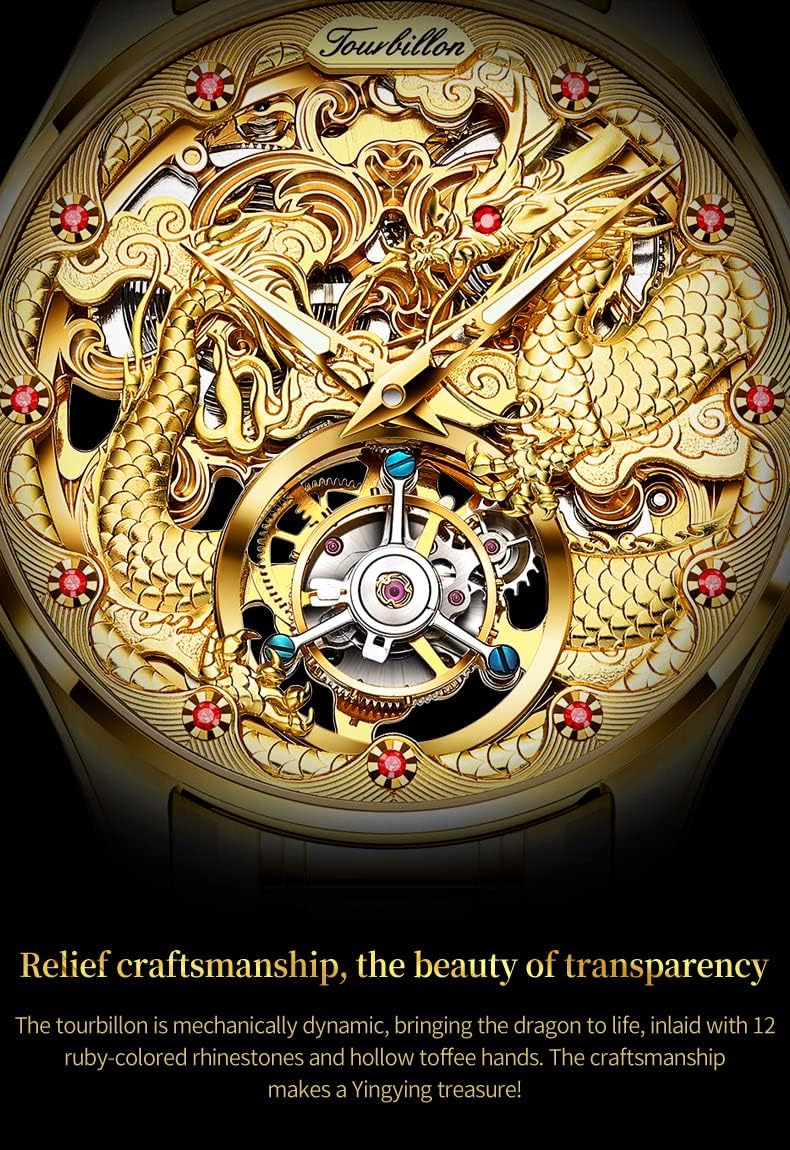OUPINKE Gold Dragon Watches for Men Tourbillon Skeleton Mechanical Luxury Dress Automatic Self Winding Tungsten Steel Waterproof Sapphire Crystal Luminous Men’s Wrist Watch