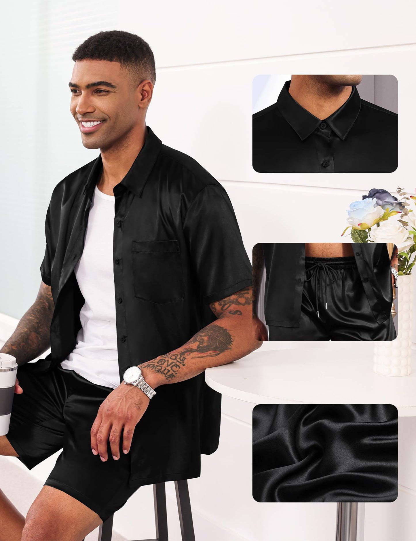 LecGee Men's 2 Piece Silk Satin Outfits Short Sleeve Button Tracksuit Shorts Shiny Satin Dress Shirts Set(Black,S)