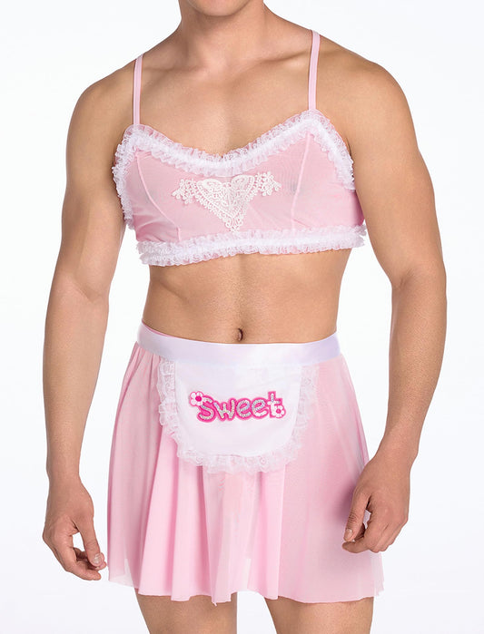 Men's Sissy Clothes Cross Back Mesh Sheer Bra Top Skirt Mini Apron Crossdressing Lingerie Outfits Pink Medium