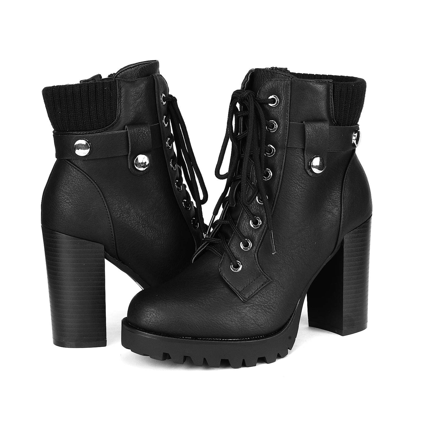 DREAM PAIRS Women's Lace up Combat Ankle Boots High Chunky Heel Fashion Heeled Booties Shoes,Size 5,BLACK,SCANDL