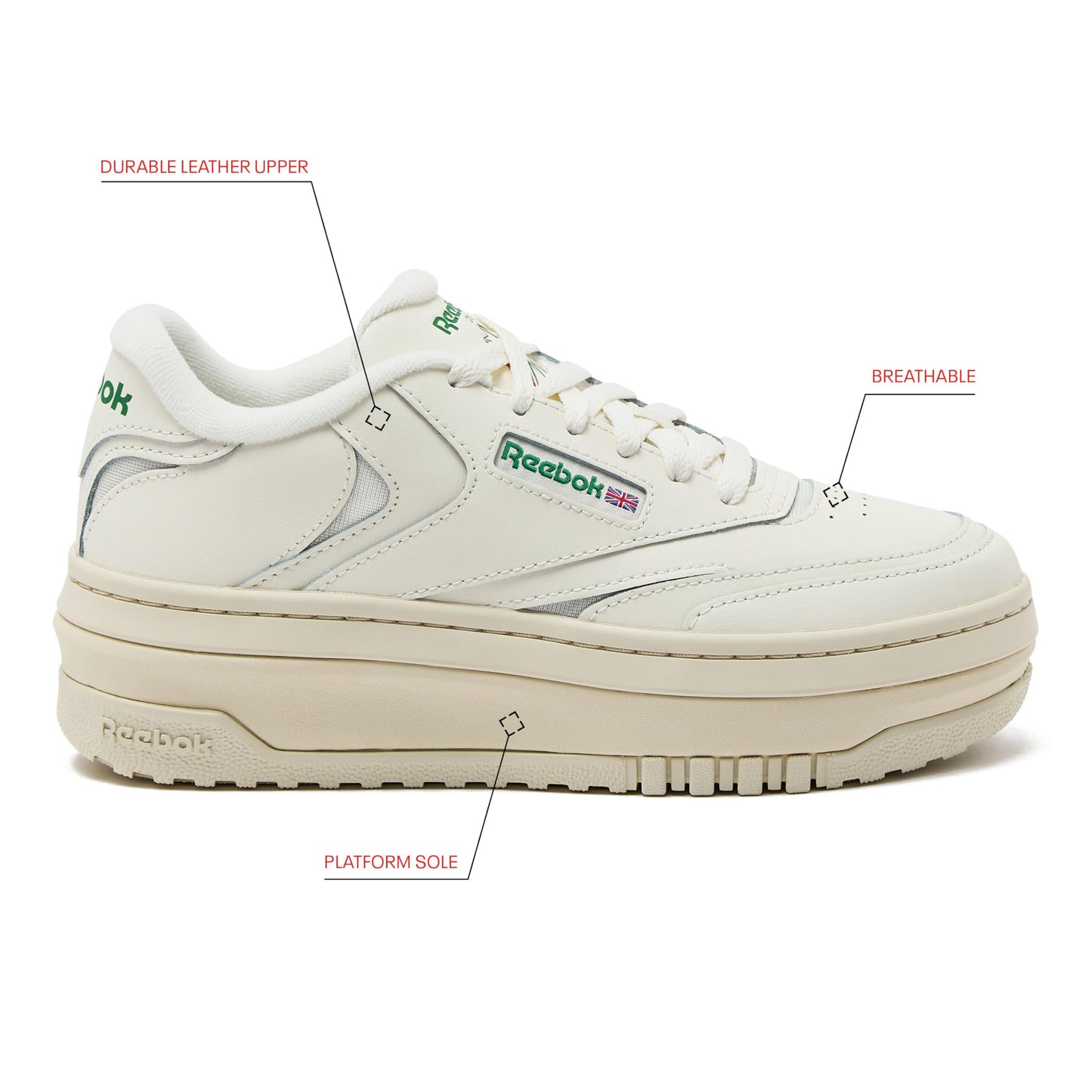Reebok Club C Extra Platform Sneakers for Women, White Casual Tennis Women's Fashion Sneakers, Womens Shoes Size 5 to 11, Chalk/Chalk/Glen Green, 9.5 Medium