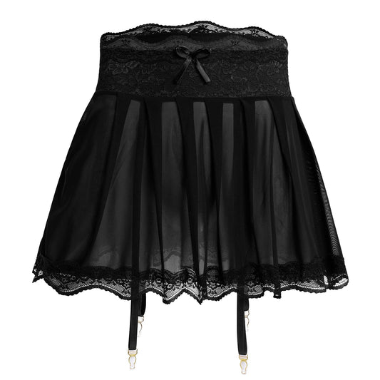 ABAFIP Men's Sissy Lingerie Mini Skirt Floral Lace Trim Mesh Sheer Skirts with Garters Belt See Thru Crossdressing Underwear Strappy Underpants Black X-Large