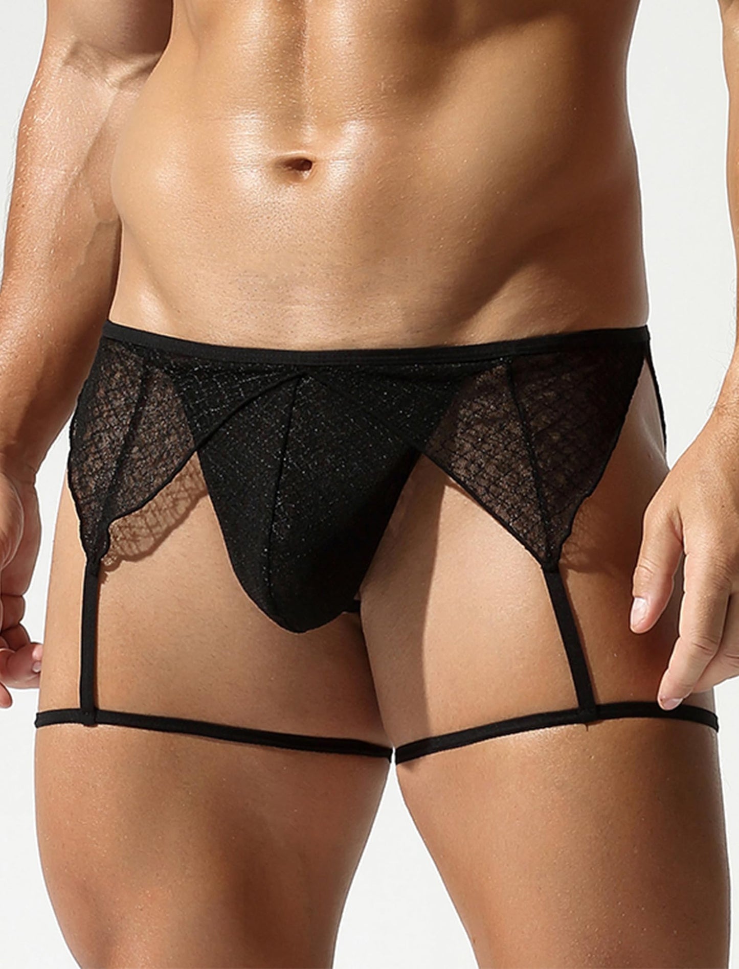 ABAFIP Men's Sissy Lingerie Sheer Mesh G-string Thong Lace Panties with Garter Band Crossdresser Underwear Black Medium