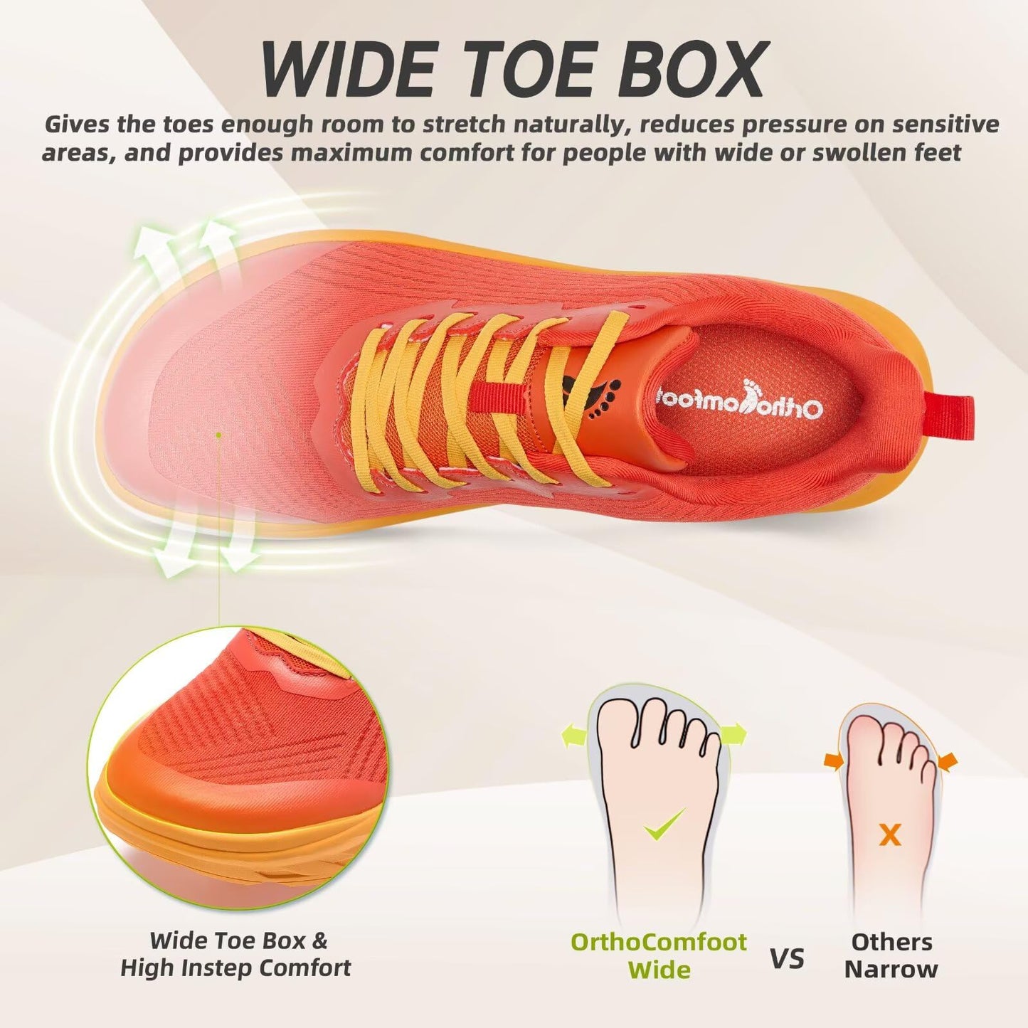 Men's Orthopedic Diabetic Wide Sneakers: Comfortable Arch Support Neuropathy Outdoor Sneakers, Breathable Plantar Fasciitis Hammer Toes Walking Shoes Orange Red Size 11.5