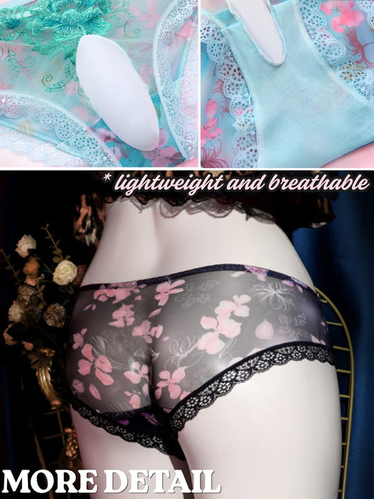 Mens Sexy Lace Trim Sissy Panties with Pouch, Cross Dresser Male Lingerie Femboy Clothes, Floral Sheer Mesh Underwear Hot Pink Large