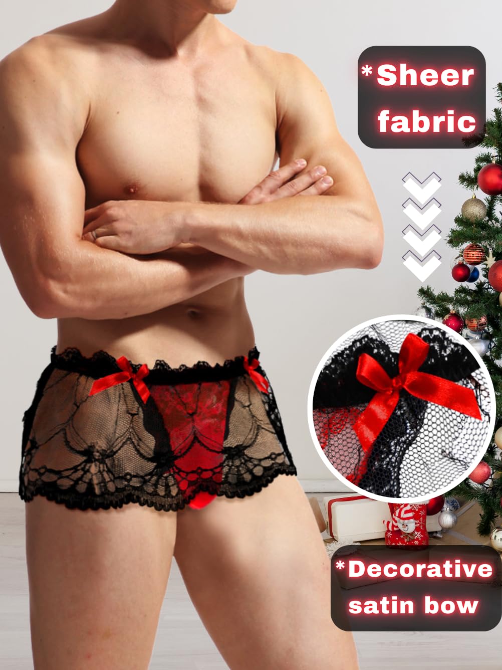 ChiaoLezhee Mens Lace Sexy Underwear, Sissy Pouch Panties Femboy For Men, Low Rise Bow Lingerie Fits 32-42, Sheer Girly, Red, One Size