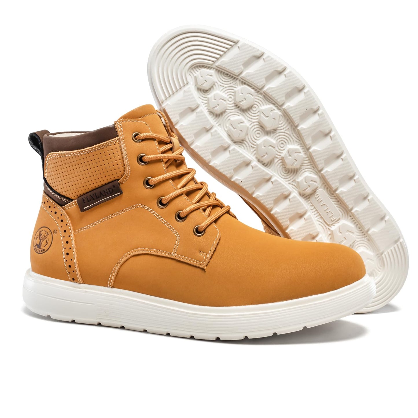 FLYLAND Men's Fashion Sneaker Chukka Boots Lace Up Leather Ankle Dress Boot Lightweight Non-Slip Walking Shoes Golden 9.5