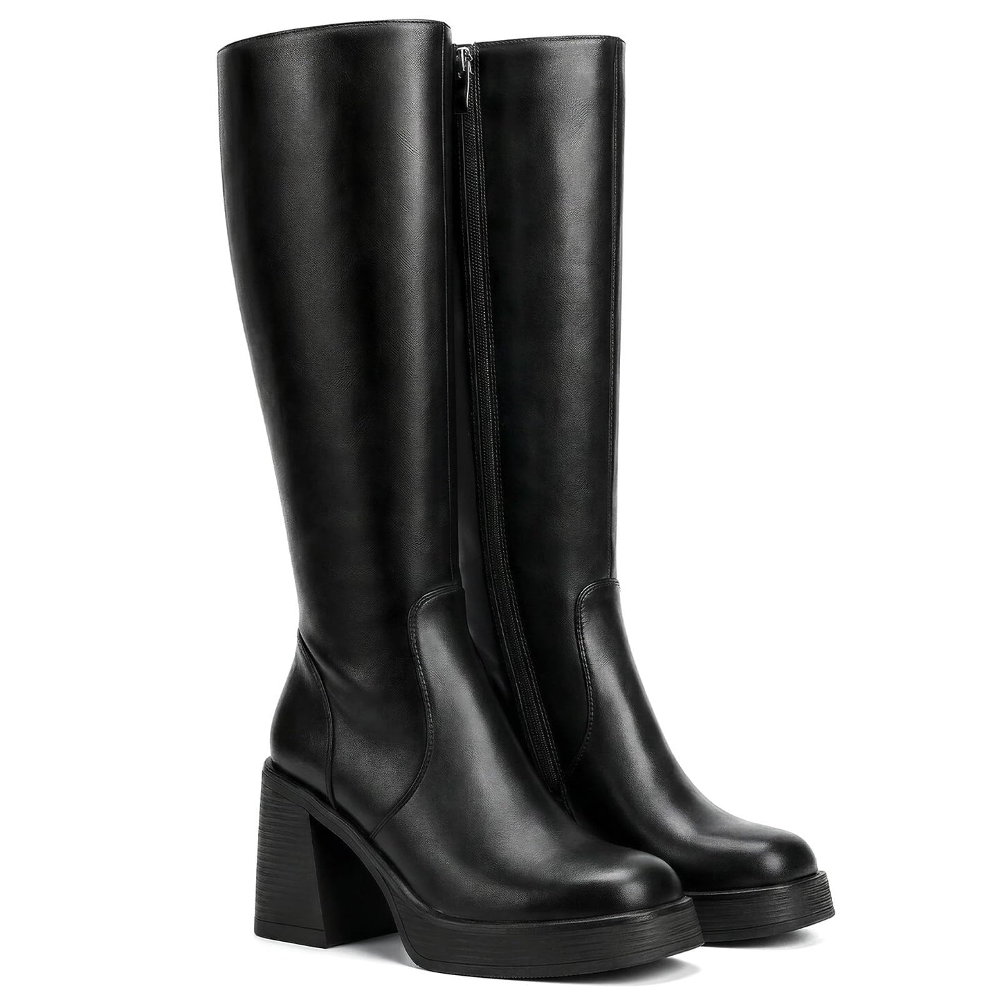 Knee High Boots for Women - Platform Chunky Square Toe Tall Boots with Block Heeled Side Zipper, Fashion Long Gogo Boots for Spring Fall