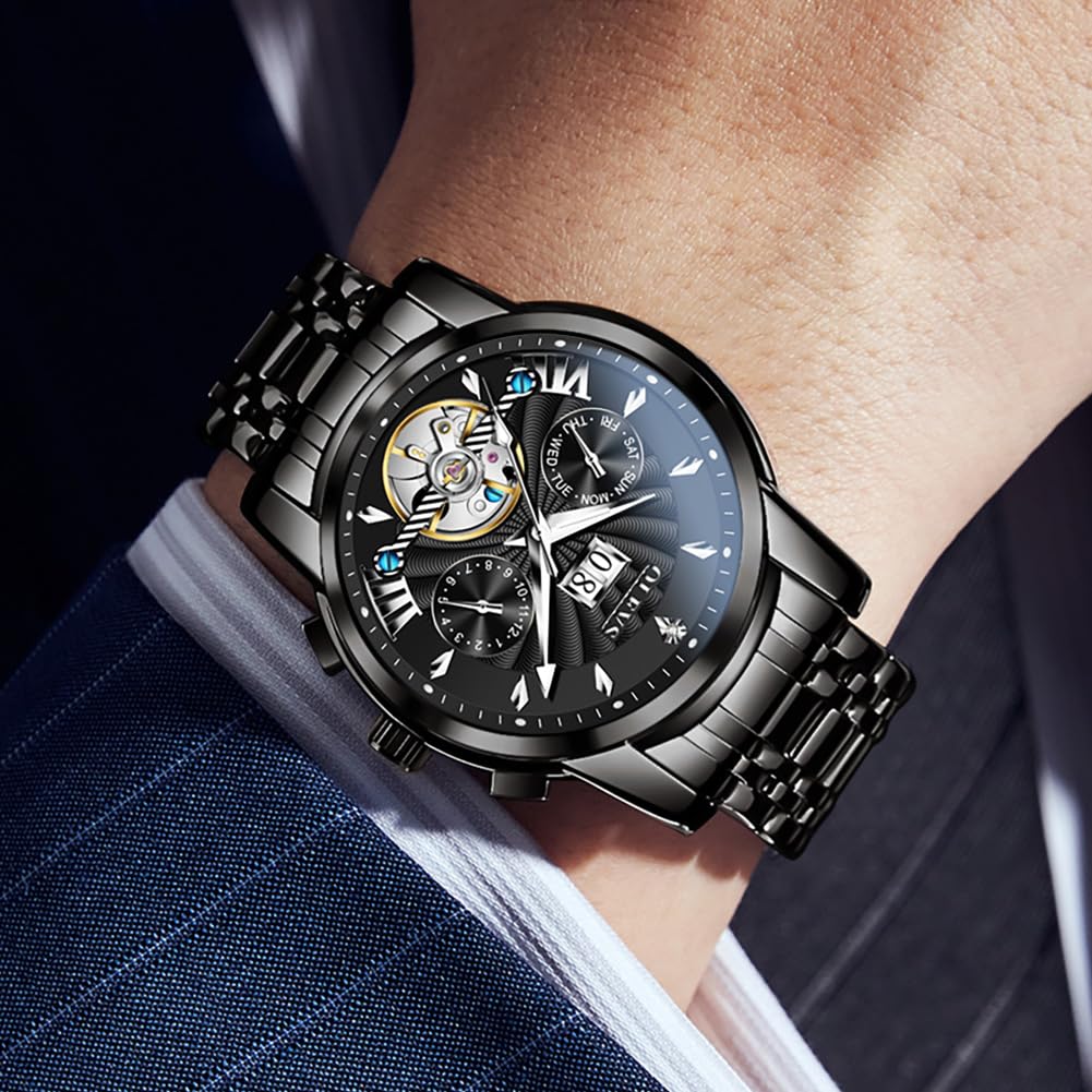OLEVS Men Automatic Watch Luxury Skeleton Mechanical Black Wrist Watch Date Calendar Stainless Steel Waterproof Luminous Classic Business Watches