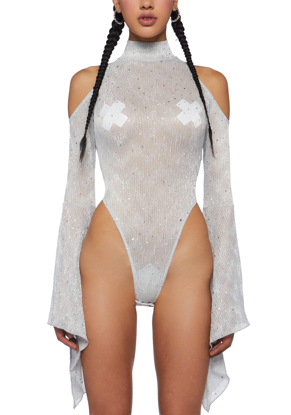 Dolls Kill Transcendent Spectre Sequin Bodysuit by Club Exx – Sheer Micro-Pleated Bodysuit With Rhinestones & Bell Sleeves - White, Medium
