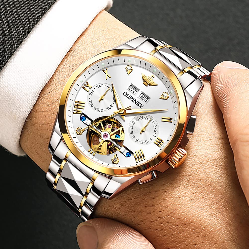 OUPINKE Mens Watches Luxury Automatic Mechanical Tungsten Steel Waterproof Tourbillon White