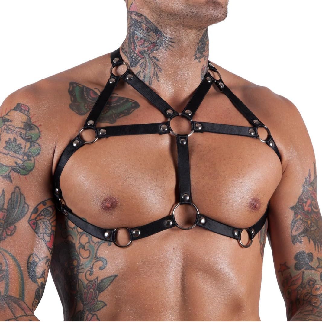 Men’s Chest Harness Belt with Adjustable Leather Shoulder Straps, Gothic Punk BDSM Harness, Bondage Belt with Choker for Cosplay, Rave Outfits, Clubwear & Nightclub Fetish Costume