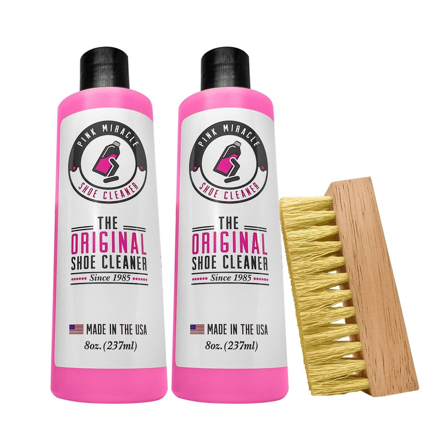Pink Miracle Shoe Cleaner Kit Fabric Cleaner for Leather, Whites and Nubuck Sneakers Two Pack (Two Bottles/One Brush)