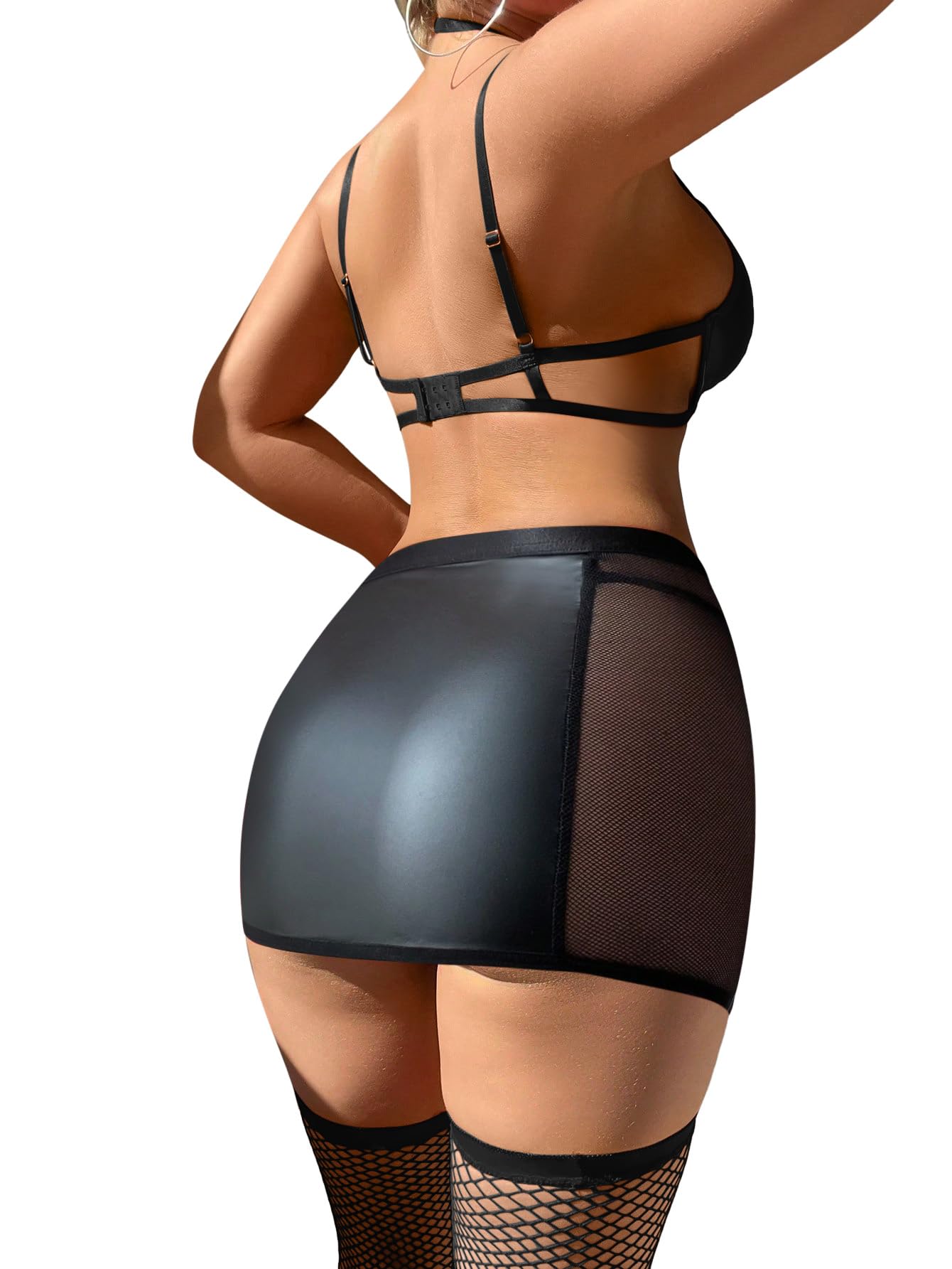 Foxiny Sexy Cutout Halter Underwire Leather Mesh Sheer Mini Skirt Stocking Lingerie Set 4 Piece Outfits Women Push Up Matching Bra Panty Underwear Black Medium