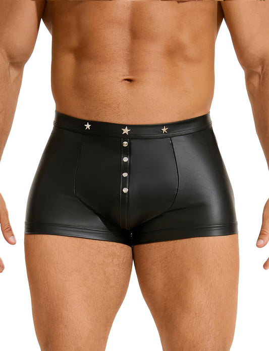 Black PU Leather Boxer Short Underwear Bulge Pouch Trunks Low Rise Bikini Panties Sexy Underwear for Men Sexy Boxer Brief Fits Large