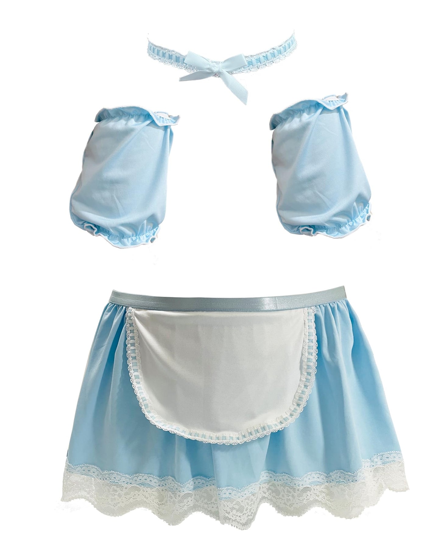 3-Pieces Maid Costume Outfit For Men, Men's Mini Skirt Sissy Outfit Crossdressing (Blue, One Size)
