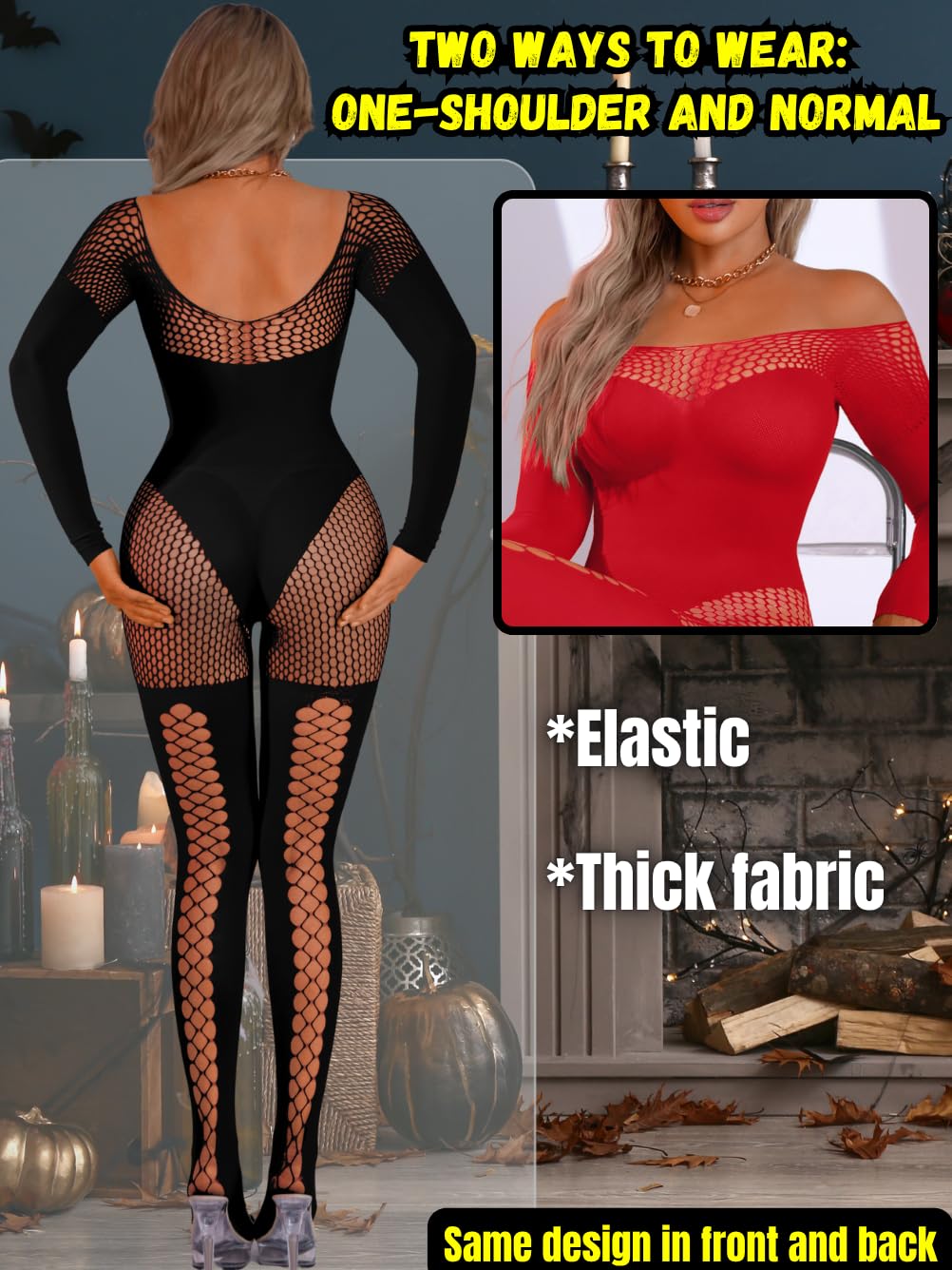 EHSUYAB Womens Sexy Full Fishnet Bodysuit, One Piece Mesh Lace Jumpsuit Body Stockings, Rave Club Poster Exotic Dancer Outfit Black One Size