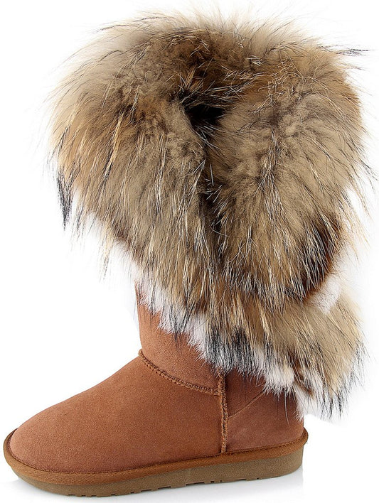 APHNUS Womens Mid Calf Boots Cow Leather Fur Snow Boots Brown US7.5