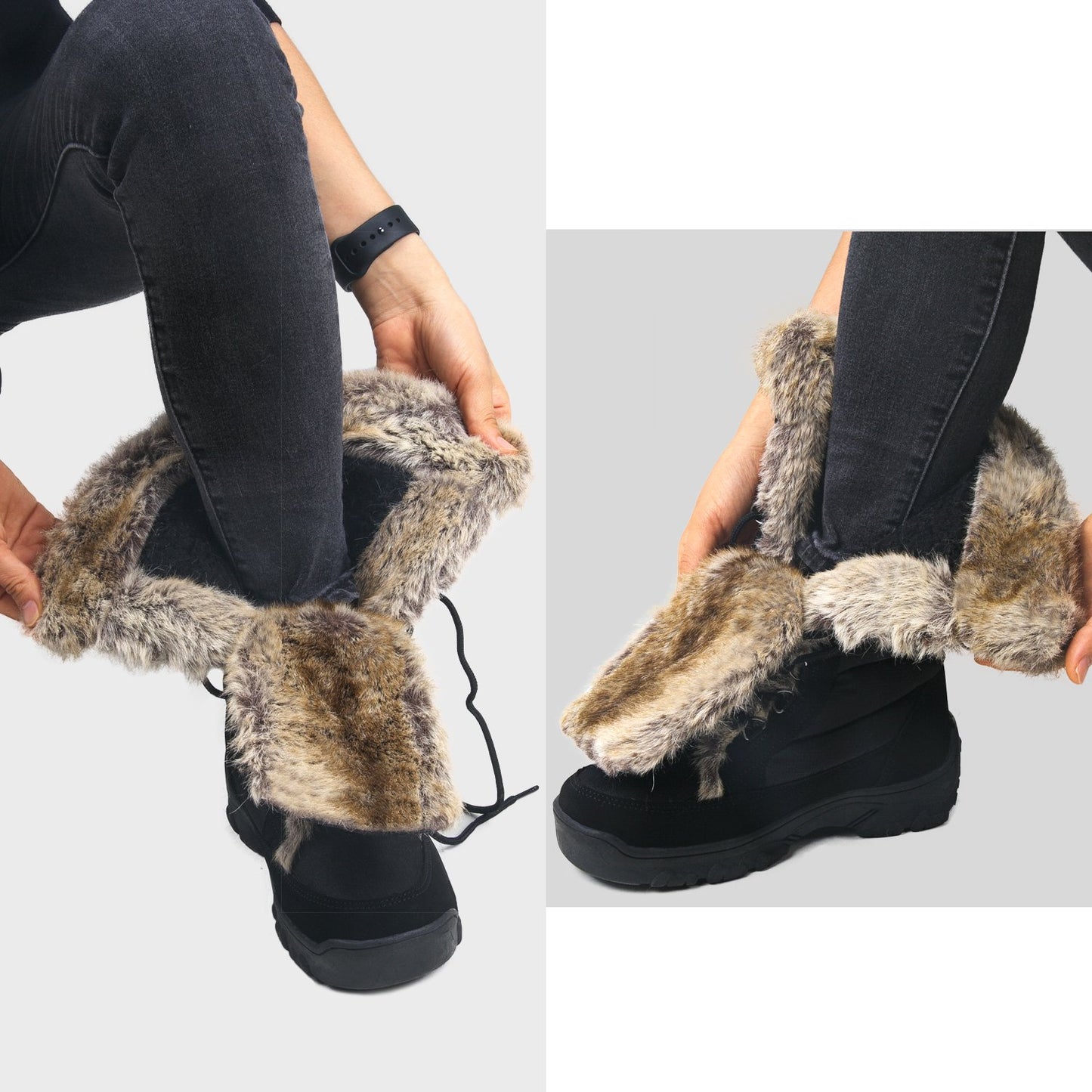 AUSLAND Women's Black Winter Snow Boots Twin Peaks Fur Cuff Mid-Calf Waterproof Lace Up Boots E7623 6US/37EU