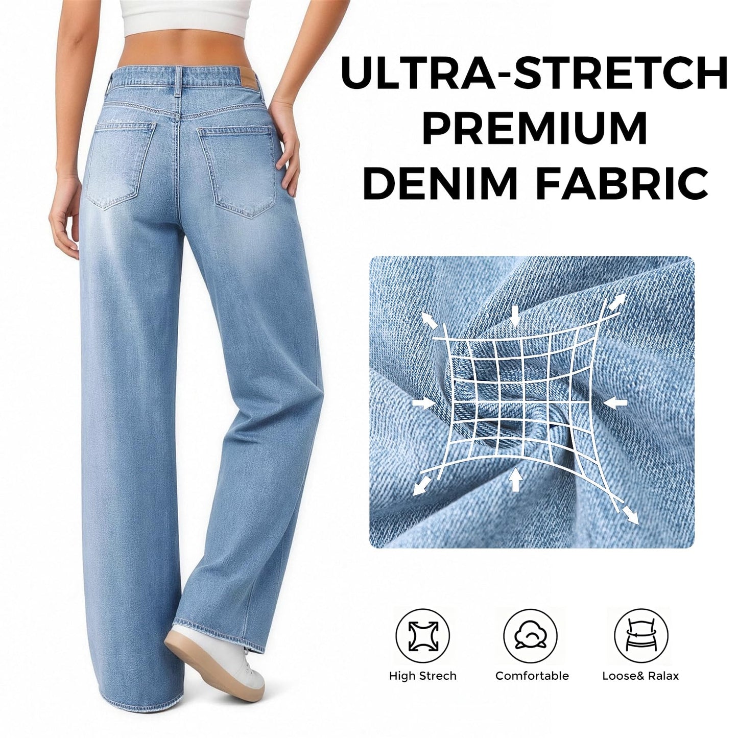 Mars power Women's High Waist Wide Leg Jeans, Loose Baggy Denim Pants with Distressed Pockets & Raw Hem, Streetwear Casual Oversized Pants (Light Blue, M)