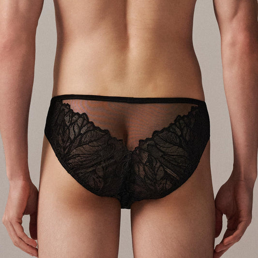 BSZN Men's Sexy Briefs, Black Mesh Lace Neutral Plant Vein Low Rise Ruched Back Sheer Semi Transparent Sexy Lingerie from L-Lace Imprint Collection