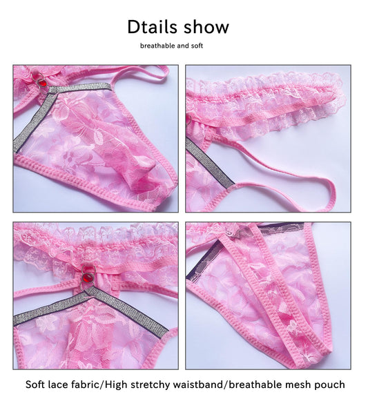 HAVBX Mens Lace Frilly Sissy Panties Pouch Thong, Feminine G string Underwear For Men Sexy Lingerie (US, Alpha, One Size, Regular, Regular, Pink)