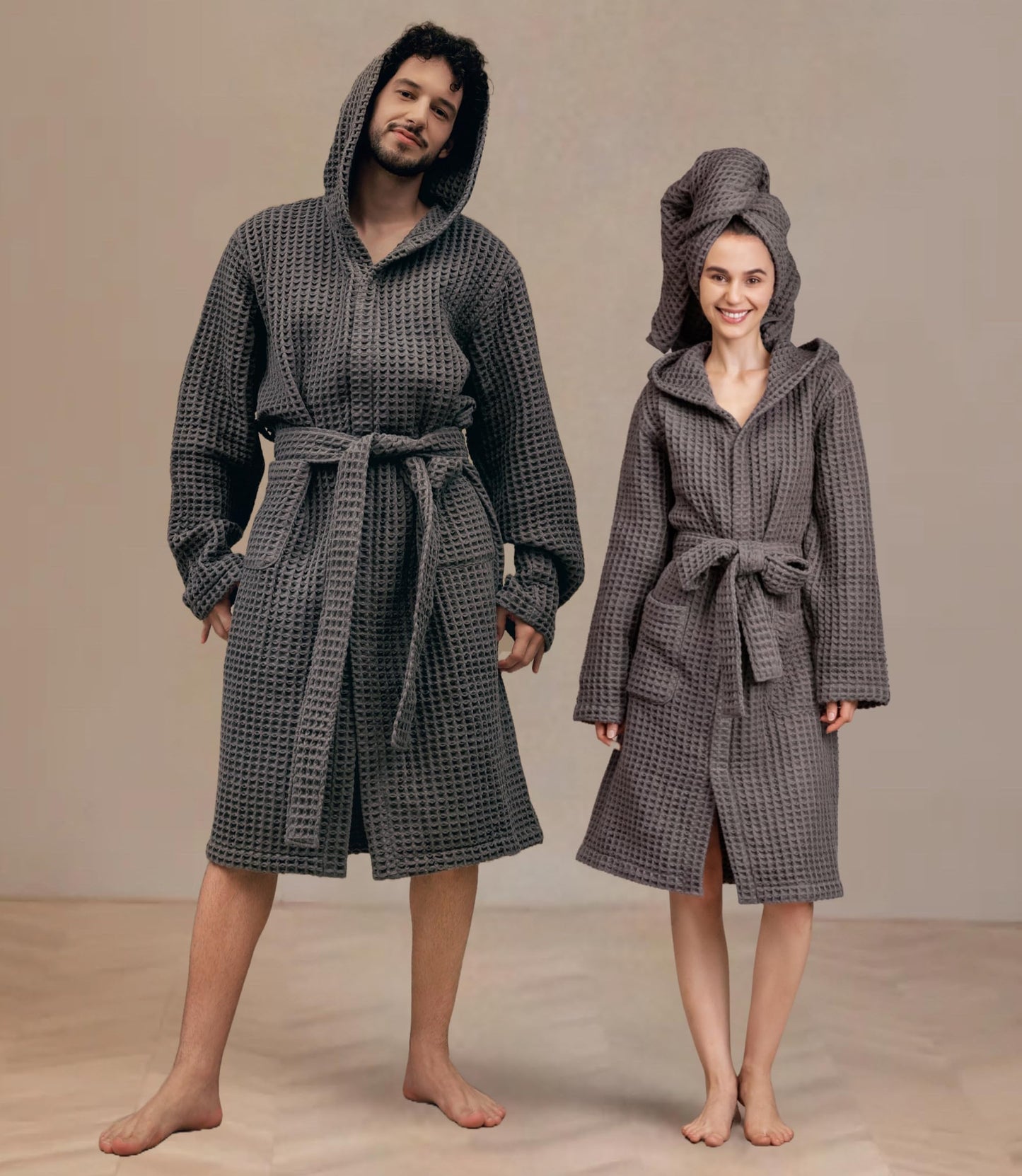 KOSMU 100% Organic Japanese Cotton Waffle Knit Bathrobe | Thick Luxury Hotel Spa Onsen Shower Sauna Towel Terry Bath Robe with Hood and Snap Buttons for Men & Women (Hooded, Smoke Grey, 2XL)