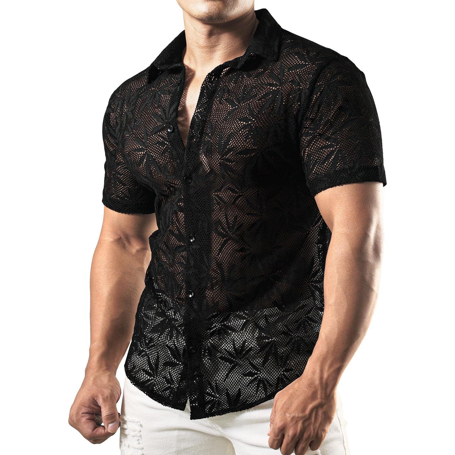 JOGAL Mens Floral Lace Shirt See Through Casual Button Down Shirts Deep Black Small