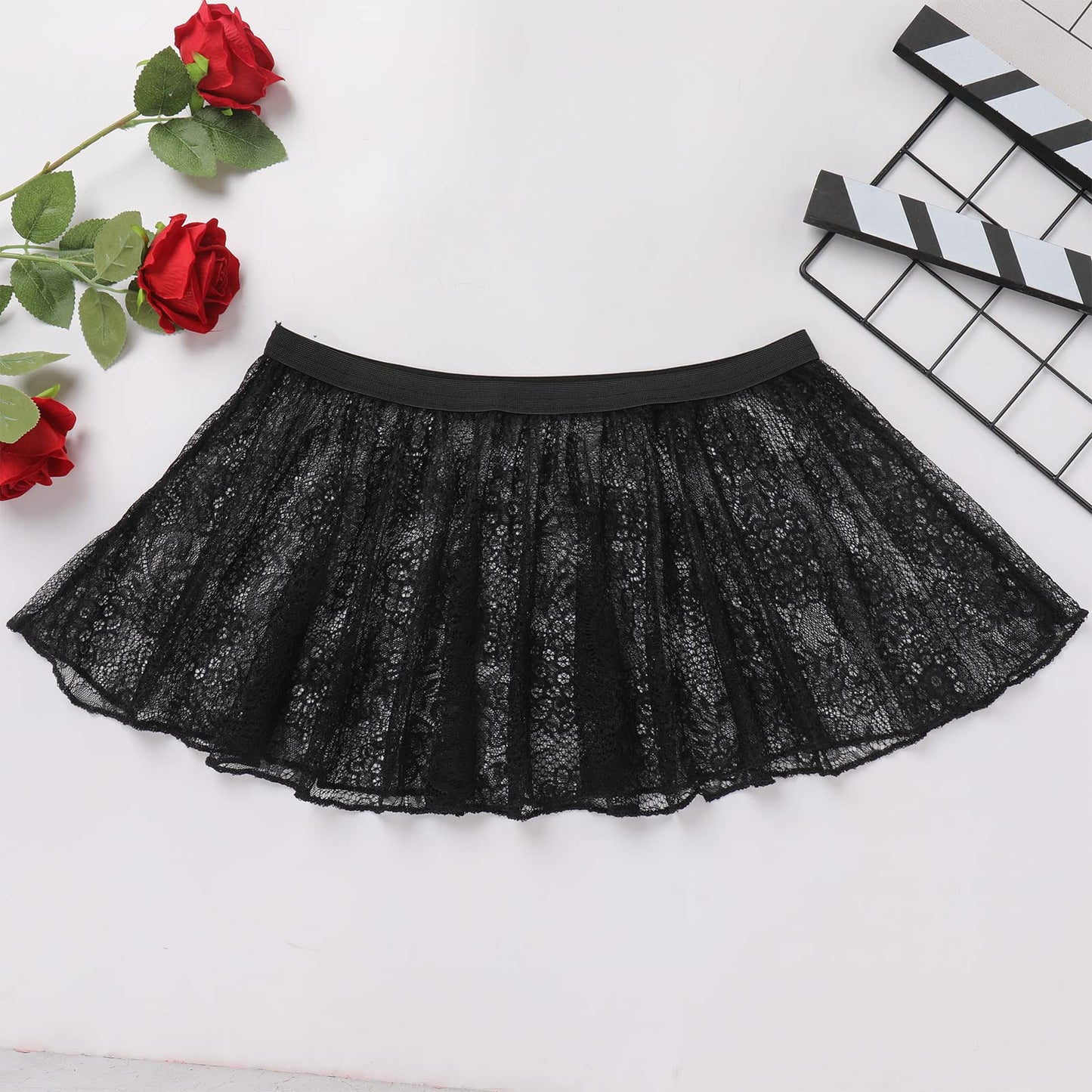 ABAFIP Sissy Skirts for Men Crossdressing Lingerie Sheer Lace Floral Flared Pleated Micro Mini Skirt Nightwear Underwear Black One Size