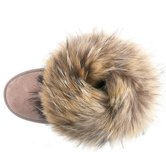 AUSLAND Genuine Suede Waterproof Boots for Women Furry Fur Winter Ankle Boots Warm Fluffy Snow Boot 9.5US Sand 99251 40EU