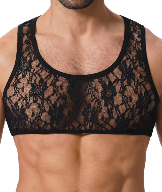 ABAFIP Men's Sissy Lace Muscle Tank Floral Crop Top Semi Transparent Sheer Mesh Vest Half Top Undershirt Black Large