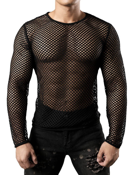Gay Men's Mesh Fishnet Fitted Long Sleeve Black