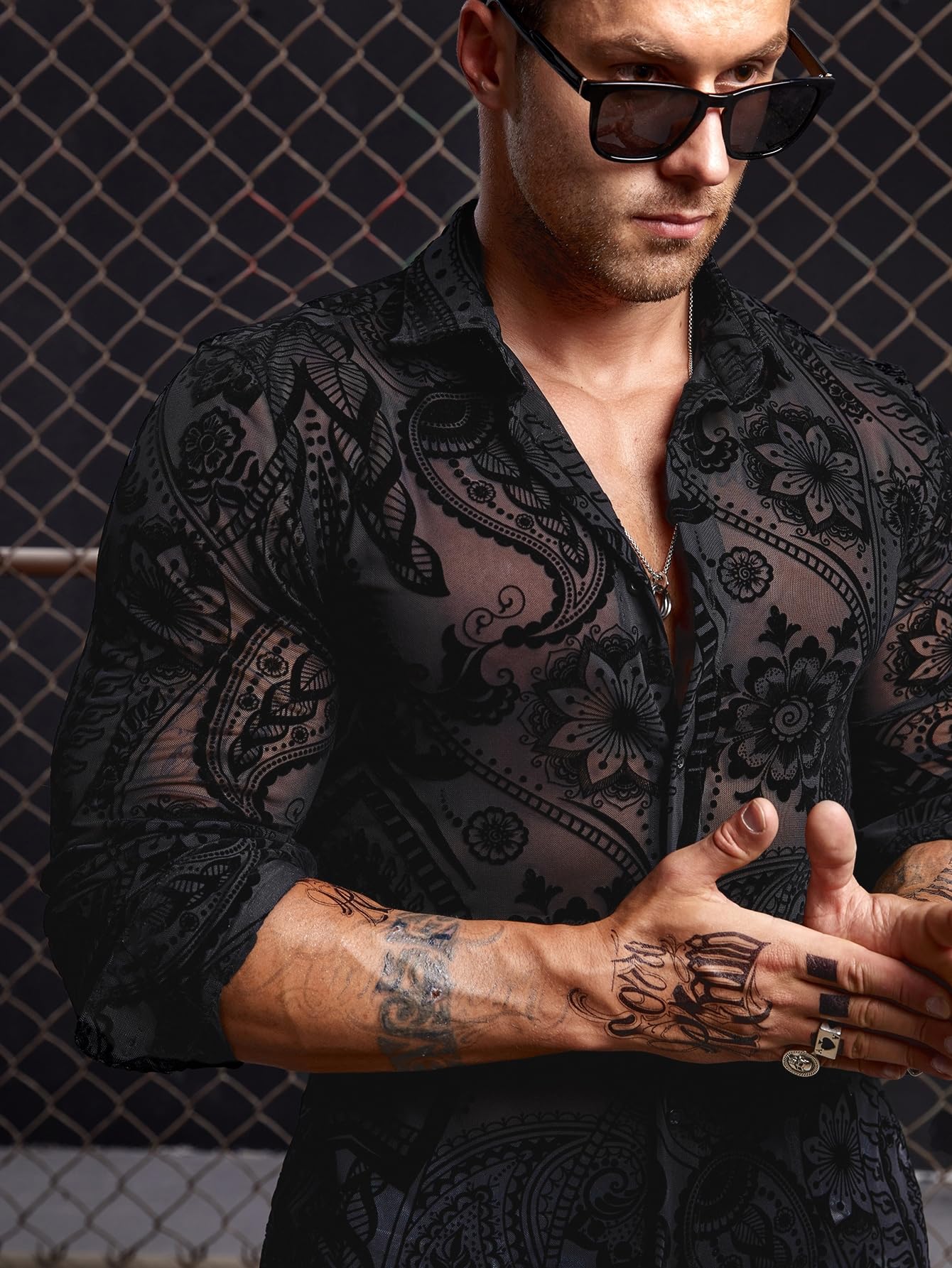 WDIRARA Men's Floral Paisley Print Mesh Button Down See Through Slim Fit Party Shirt Top Tee Black M
