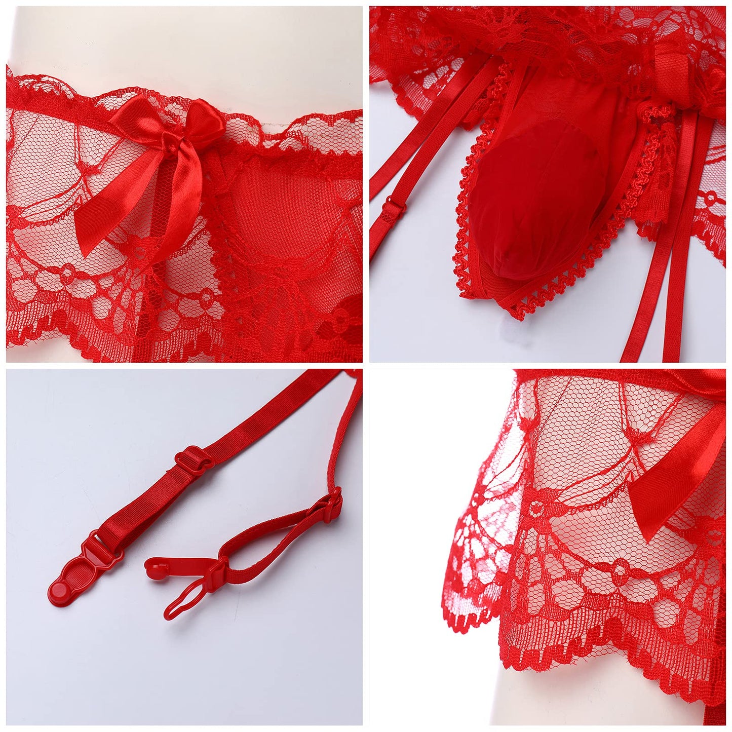 ABAFIP Men Lingerie Frilly Skirted Sissy Thongs Panties Low Waist G-string Garter Belt Crossdressing Underpants Lace Underwear Red One Size