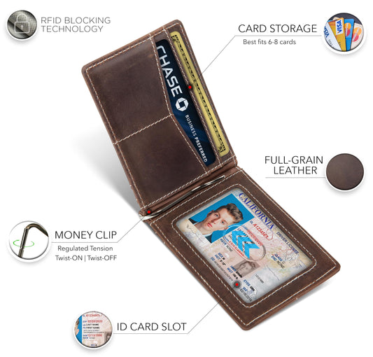 SERMAN BRANDS AirTag Wallet - RFID Blocking Mens Minimalist Money Clip Wallet for Airtag - Full Grain Leather - Slim Bifold. Front Pocket for Air tag Wallets for men. Gift (Texas Brown Air)