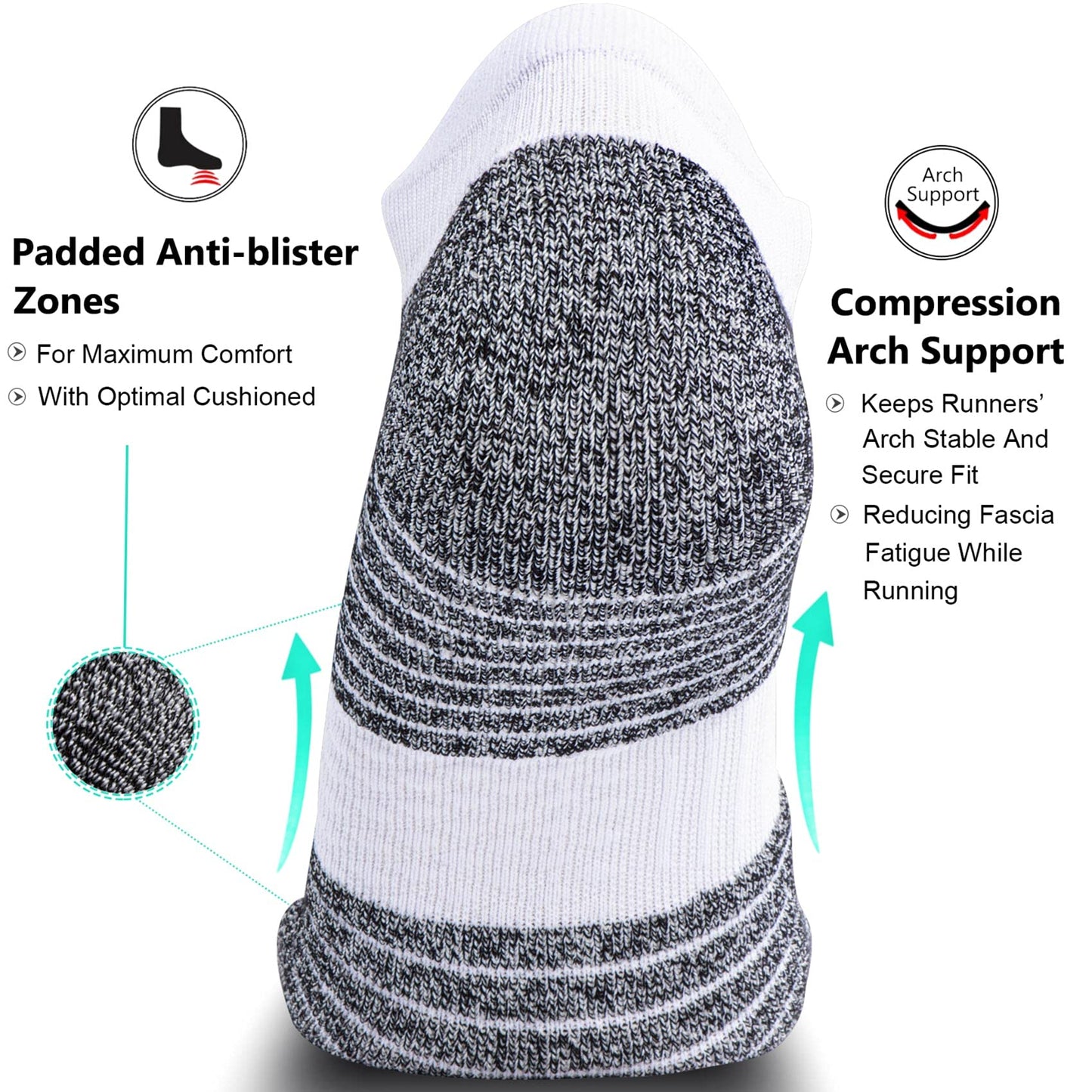 SITOISBE No Show Sports Compression Running Socks for Men Women Circulation 4-pairs, Low Cut Cushioned Socks Moisture Wicking Arch Support for Planter Faciatis Golf Exercise, White, Medium