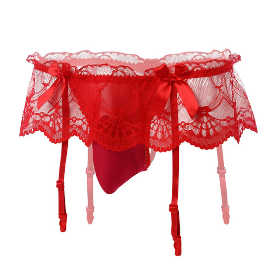 ABAFIP Men Lingerie Frilly Skirted Sissy Thongs Panties Low Waist G-string Garter Belt Crossdressing Underpants Lace Underwear Red One Size
