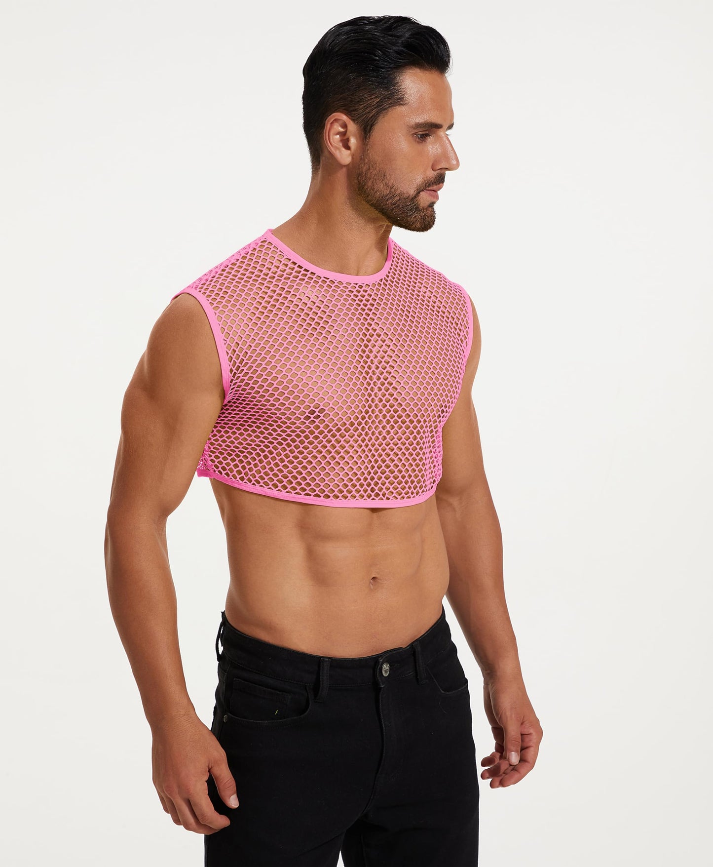 ABAFIP Men's Fishnet Crop Tank Top Sleeveless Mesh Tank Tops Sheer Fishnet Rave Top Muscle Shirts Summer Half Undershirts Pink XX-Large