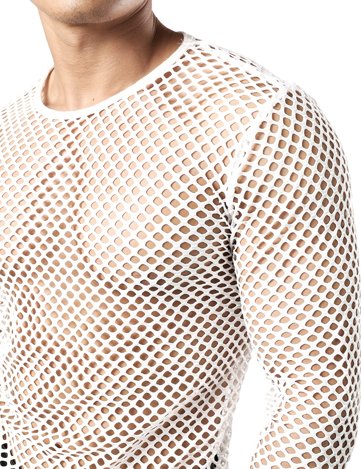 JOGAL Men's Mesh Fishnet Fitted Long Sleeve Muscle Top Medium WG04 White