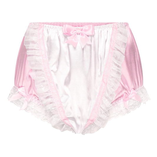 Satini Frilly Lace Sissy Silky Satin Full Coverage Adult Diaper Cover Briefs Lingerie Underwear Panties (Baby Pink - White, XXL)