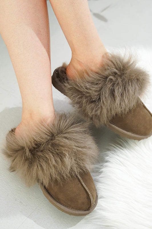 Project Cloud 100% Australian Sheepskin Scuff Slippers for Women - Genuine Shearling Memory Foam Slides for Women mules for women - Non-Slip Womens slippers - Christmas Slippers (RYANN, TAUP, 6)