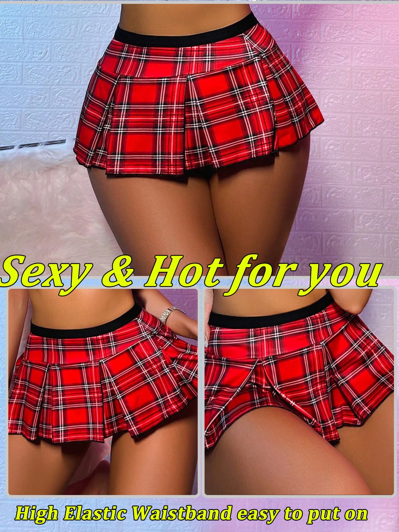 Men's Mini Plaid Skirt, Sexy Costume Pleated Skirt Sissy Lingerie Outfits for Schoolgirl Role-Playing (US, Alpha, One Size, Regular, Regular, Red)