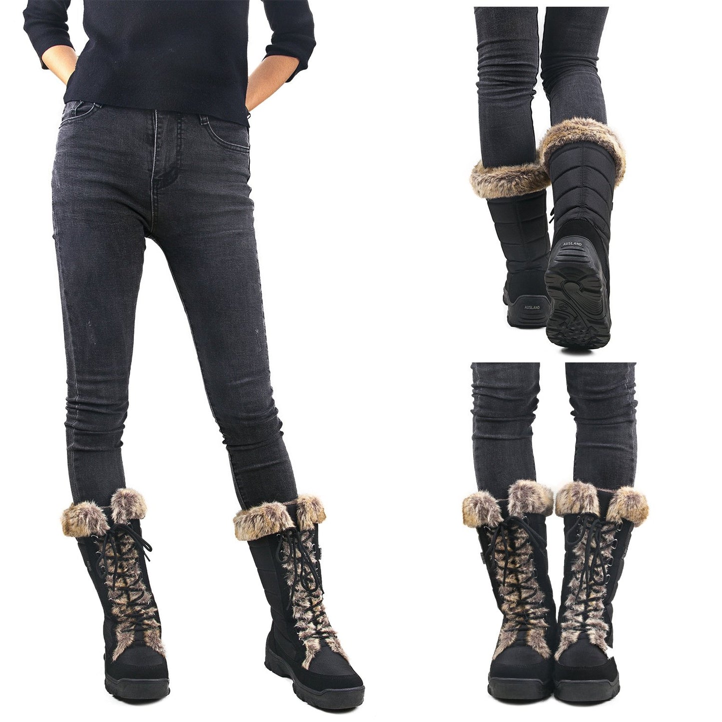 AUSLAND Women's Black Winter Snow Boots Twin Peaks Fur Cuff Mid-Calf Waterproof Lace Up Boots E7623 6US/37EU