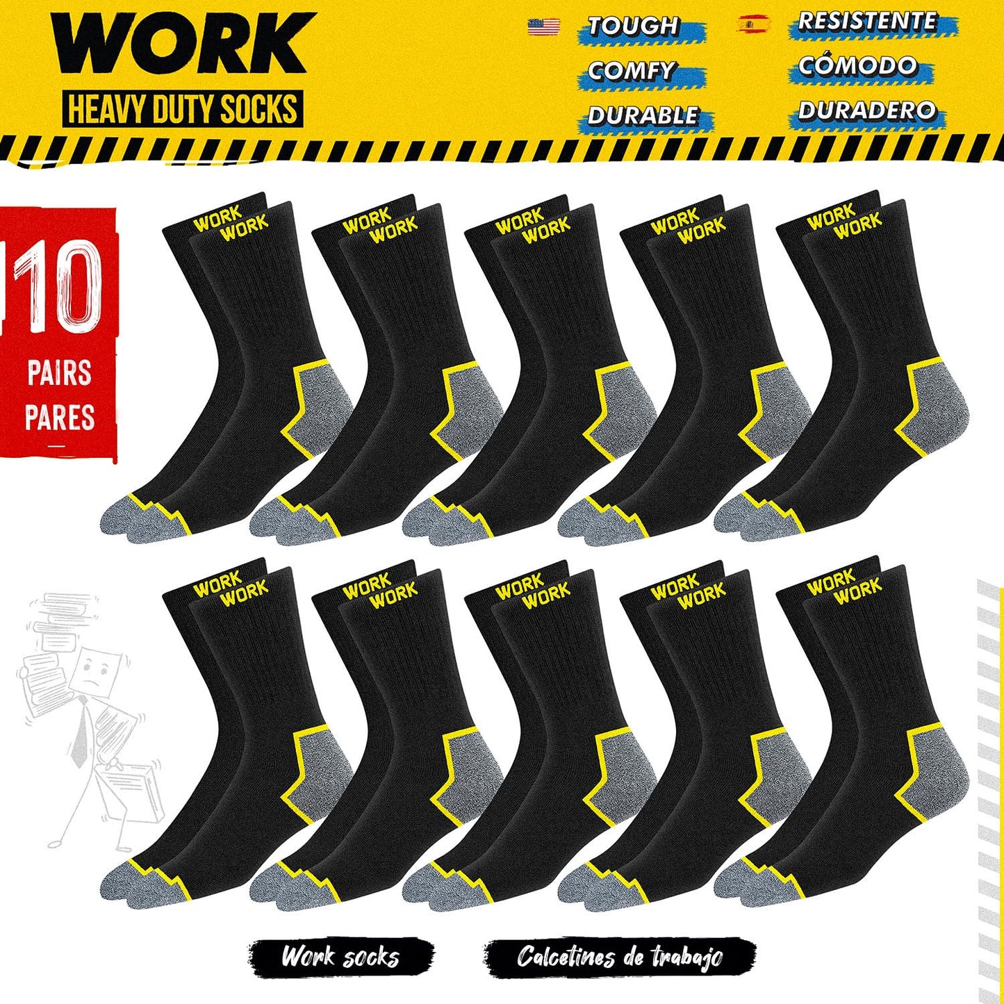 SOXCO WORK Socks for Men Crew Length Black Socks 10 Pairs, US 13-15