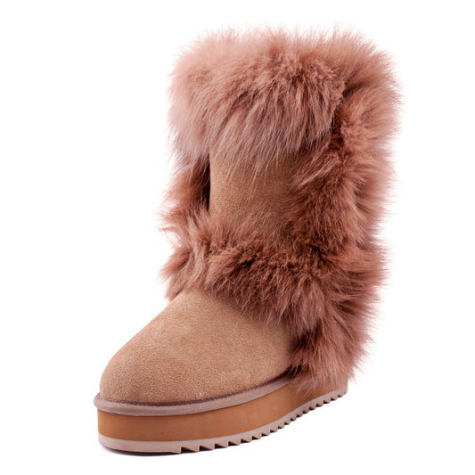 AUSLAND Waterproof Genuine Suede Platform Boots for Women Furry Winter Short Boot Ladies Fur Boots 4.5US Chestnut 99256 35EU