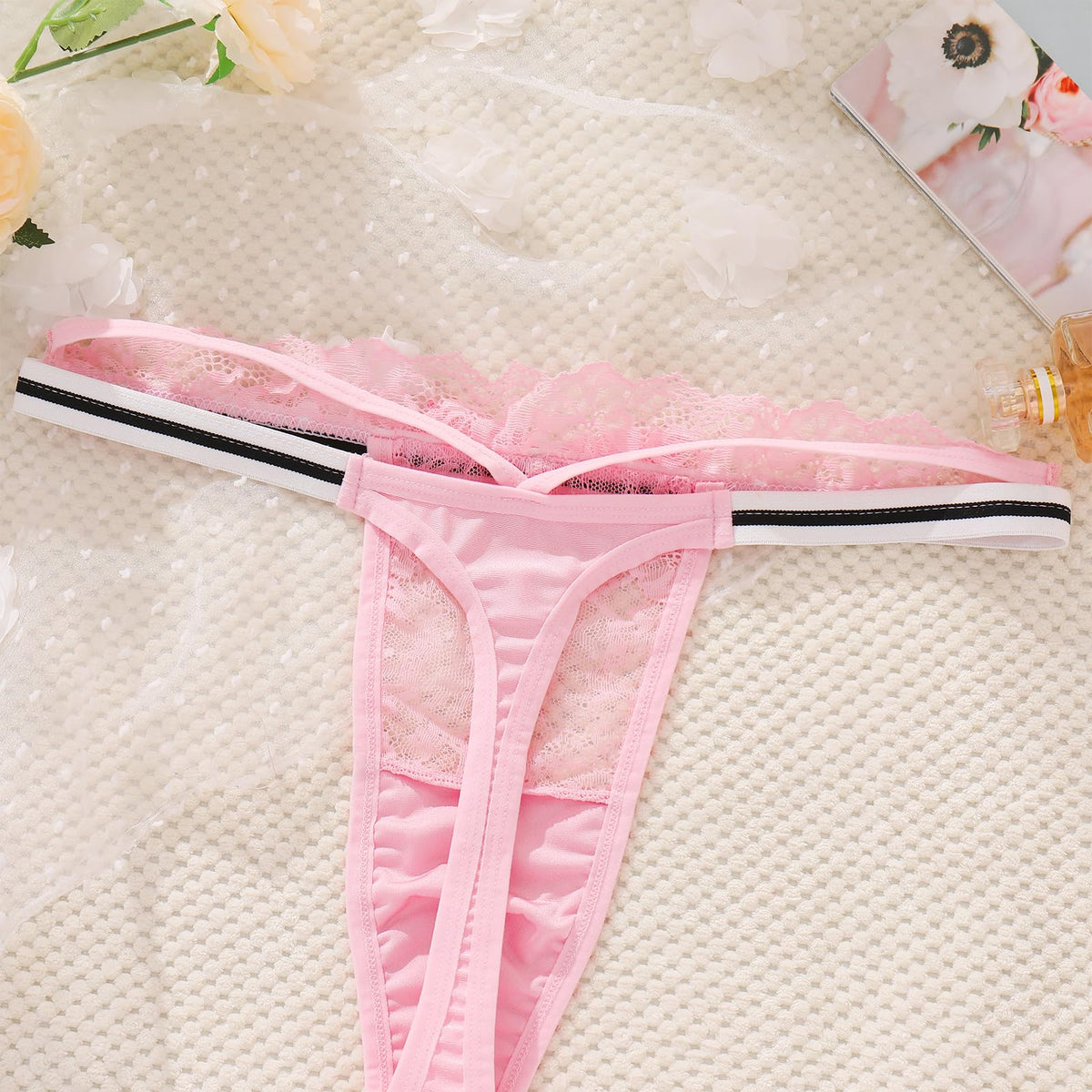 Men's Lace Thong, Sheer Pouch Strappy T-Back, Crossdressing Lingerie ABAFIP